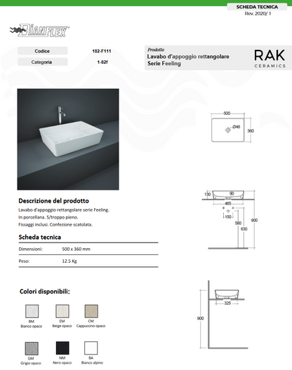 Lavabo da appoggio rettangolare grigio opaco matt Feeling Rak