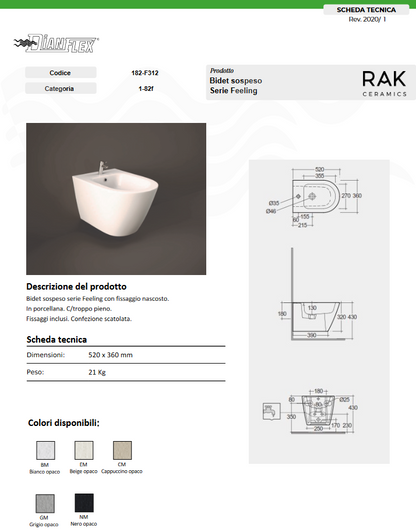 Bidet sospeso fissaggio nascosto cappuccino opaco matt erogazione rubinetto Feeling Rak