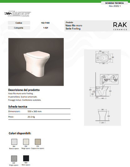 Vaso filo muro rimless scarico universale bianco opaco matt Rak Feeling