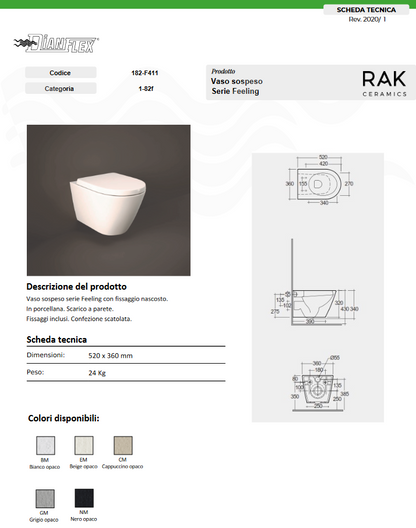 Vaso sospeso rimless scarico universale bianco opaco matt Rak Feeling