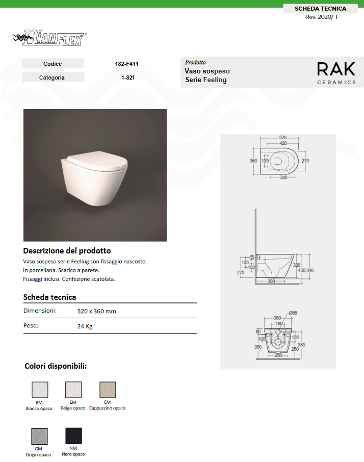 Vaso sospeso rimless scarico universale grigio opaco matt Rak Feeling