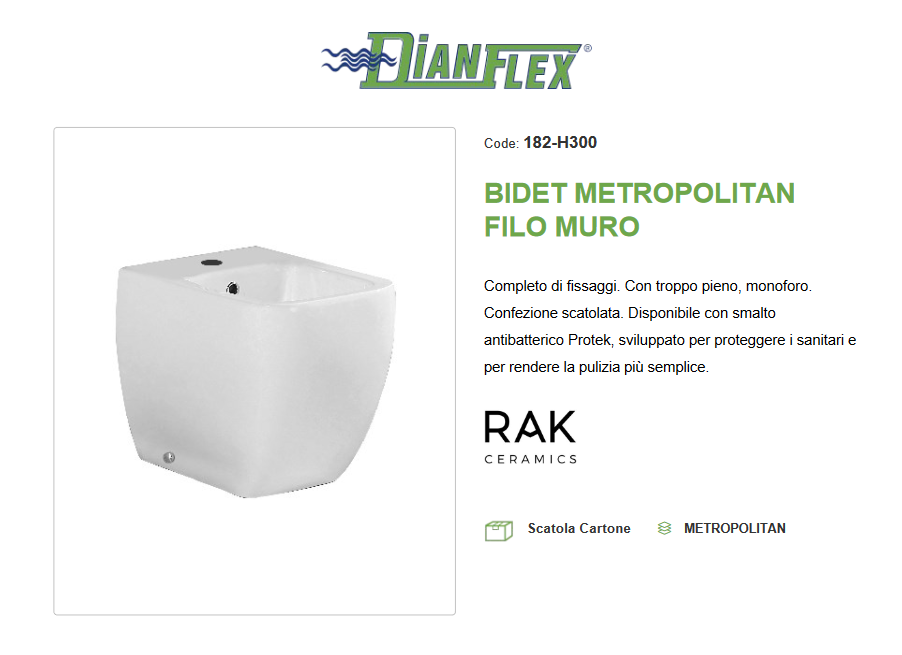 Bidet filo muro erogazione rubinetto Metropolitan Rak