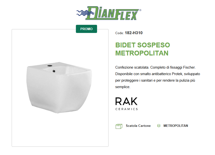 Bidet sospeso erogazione rubinetto smalto protek, Metropolitan Rak