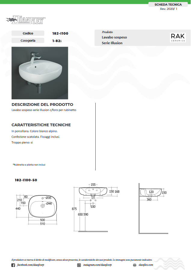 Lavabo ovale monoforo L. 50 cm Rak Illusion