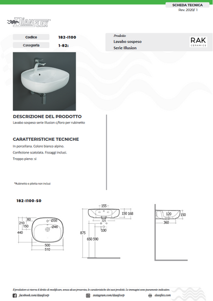 Lavabo ovale monoforo L. 55 cm Rak Illusion