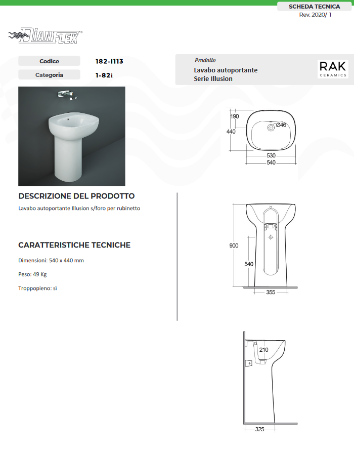 Lavabo autoportante S/foro per rubinetto Illusion Rak