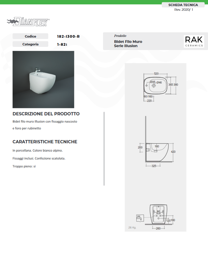 Bidet filo muro fissaggio nascosto erogazione rubinetto Illusion Rak