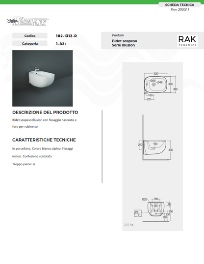 Bidet sospeso fissaggio nascosto erogazione rubinetto Illusion Rak