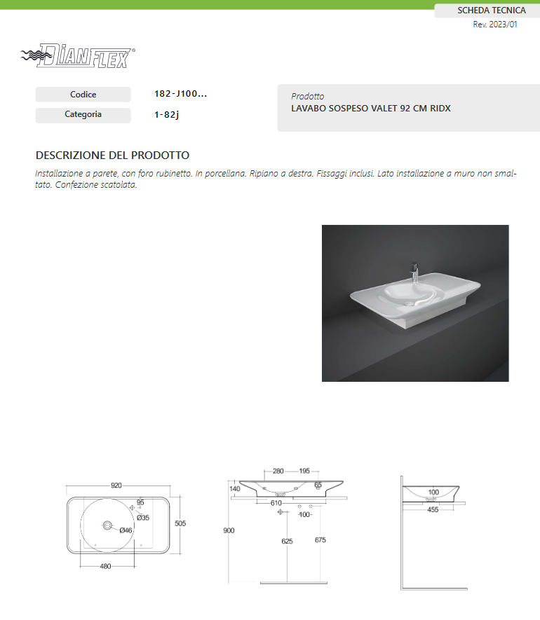 Lavabo sospeso da 92 cm ripiano a dx bianco alpino  Rak Valet