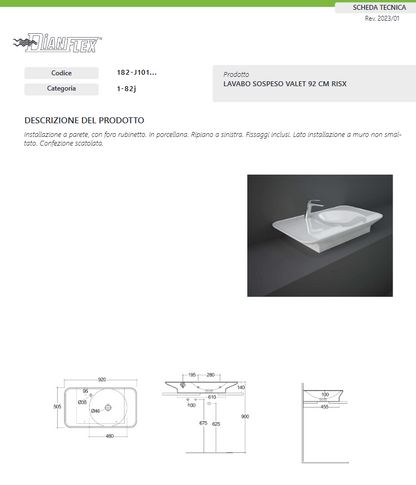 Lavabo sospeso da 92 cm ripiano a sx bianco opaco Rak Valet