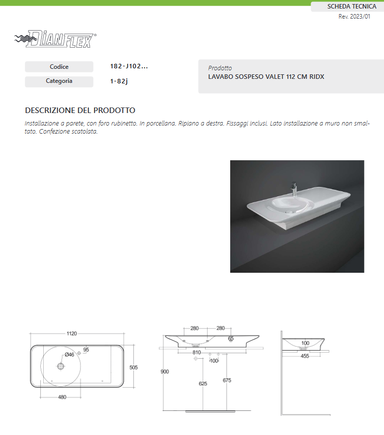 Lavabo sospeso da 112 cm ripiano a dx bianco opaco Rak Valet