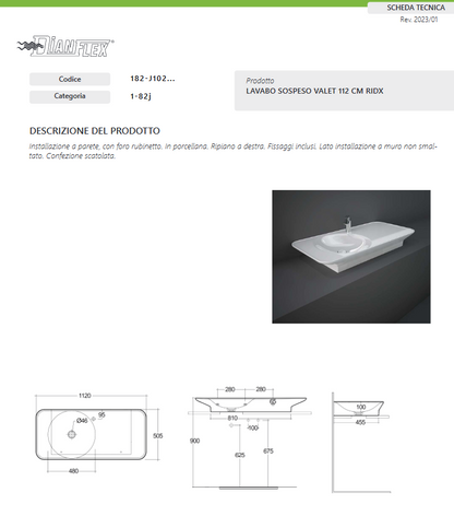 Lavabo sospeso da 112 cm ripiano a dx bianco opaco Rak Valet