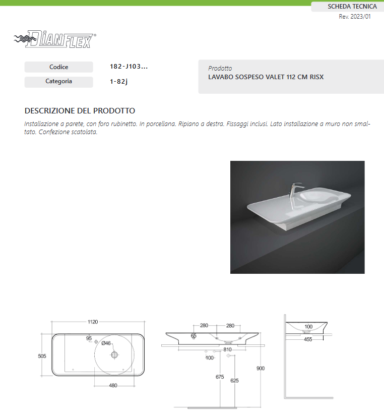 Lavabo sospeso da 112 cm ripiano a sx bianco alpino Rak Valet