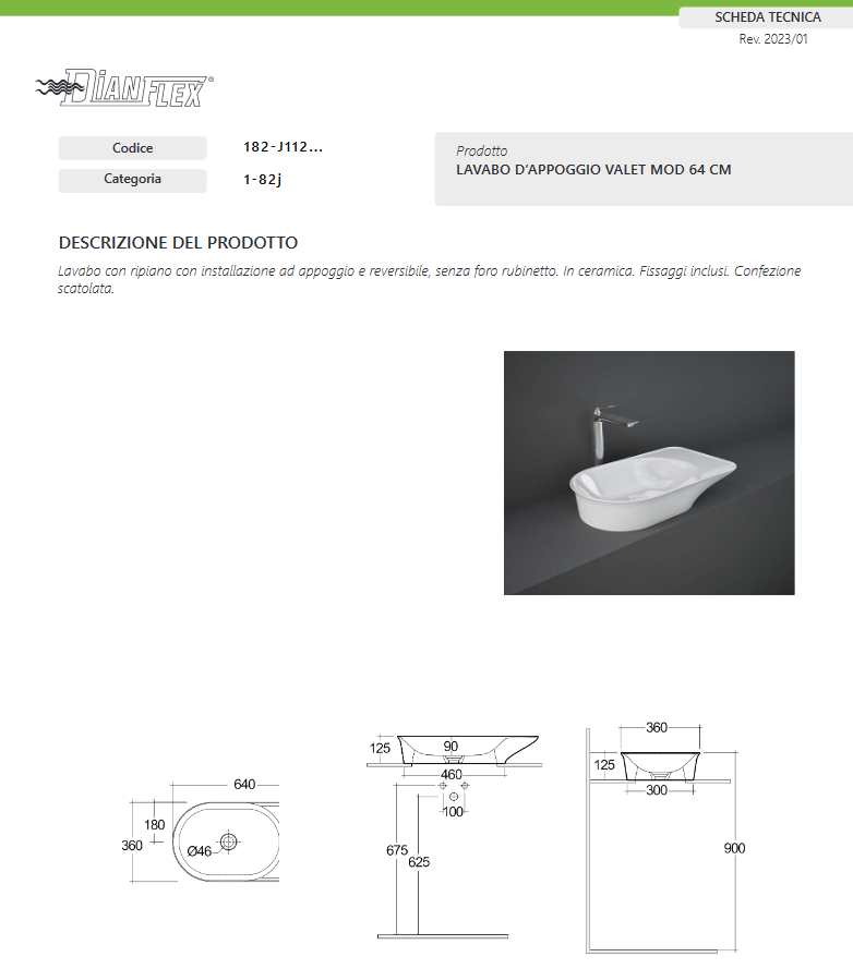 Lavabo da appoggio 64 cm bianco alpino Valet Rak