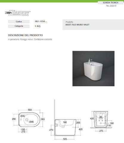 Bidet filo muro erogazione rubinetto bianco opaco Valet Rak