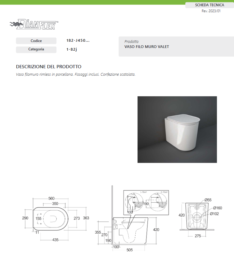 Vaso filo muro rimlesss bianco opaco Rak Valet