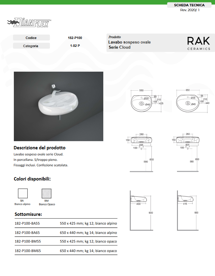 Lavabo sospeso bianco opaco L. 65 cm Rak Cloud