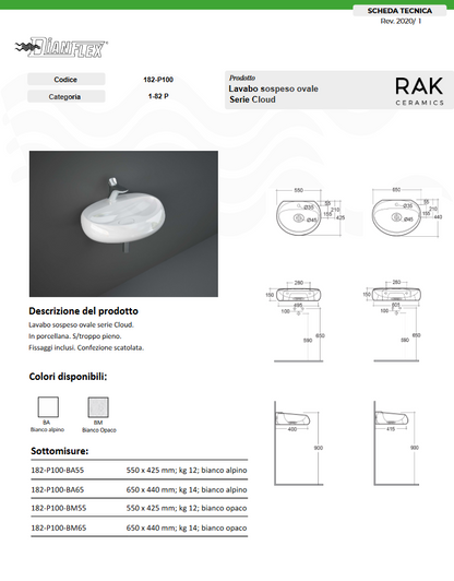 Lavabo sospeso bianco opaco L. 65 cm Rak Cloud