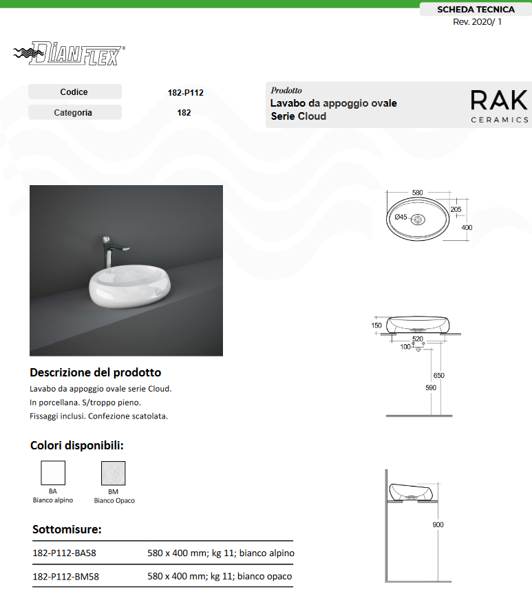 Lavabo da appoggio ovale L. 58 cm bianco alpino Cloud Rak