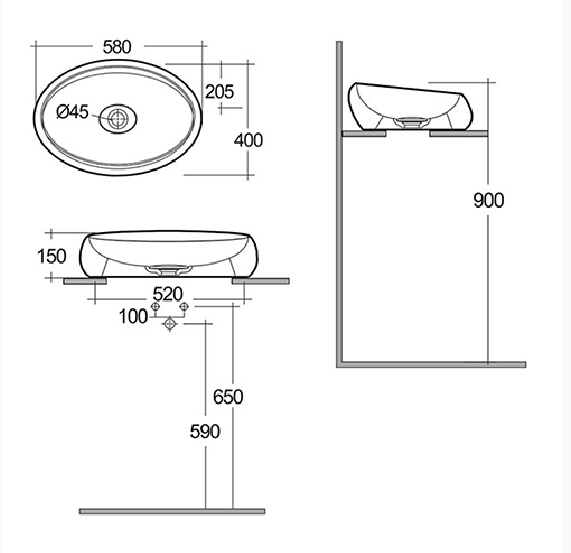 Lavabo da appoggio ovale L. 58 cm bianco alpino Cloud Rak