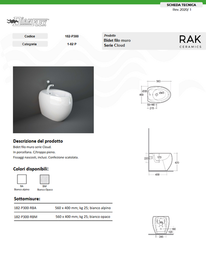 Bidet filo muro fissaggio nascosto erogazione rubinetto bianco opaco Cloud Rak