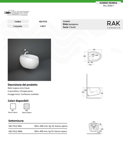 Bidet sospeso fissaggio nascosto erogazione rubinetto bianco opaco Cloud Rak