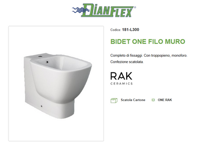 Bidet filo muro erogazione rubinetto One Rak