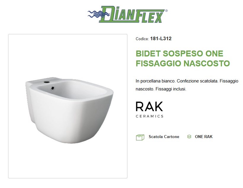 Bidet sospeso erogazione rubinetto fissaggio nascosto One Rak