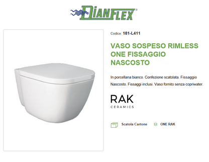 Vaso sospeso rimless fissaggio nascosto Rak One