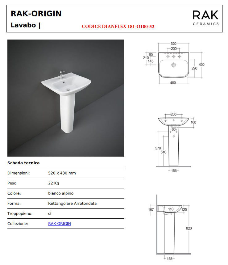 Lavabo monoforo L. 52 cm Rak Origin