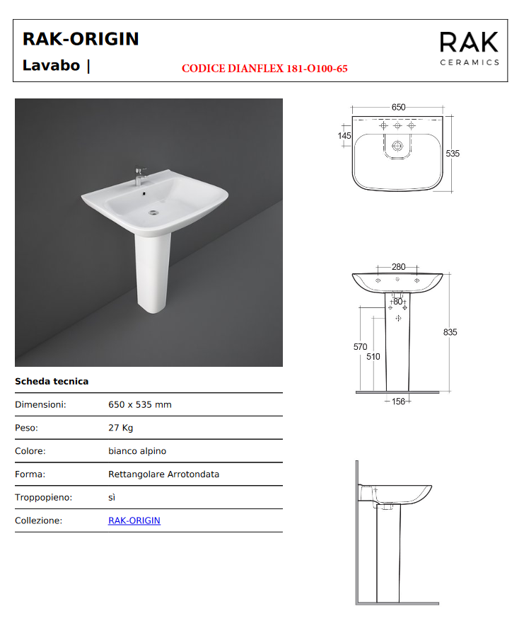 Lavabo monoforo L. 65 cm Rak Origin