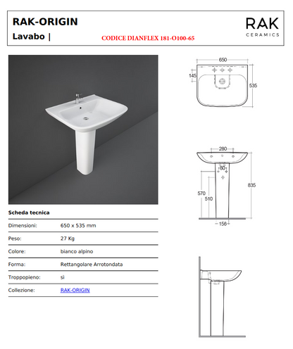 Lavabo monoforo L. 65 cm Rak Origin