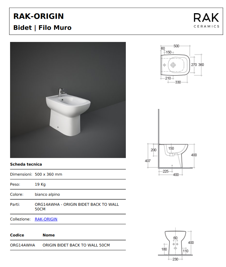 Bidet filo muro erogazione rubinetto Origin Rak