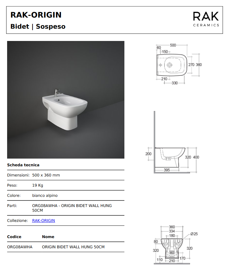 Bidet sospeso erogazione rubinetto Origin Rak