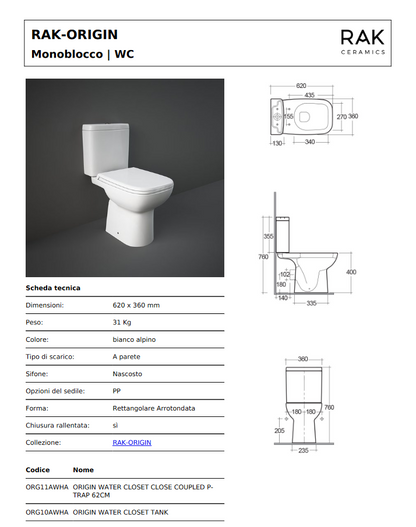 Vaso monoblocco scarico a muro Rak Origin
