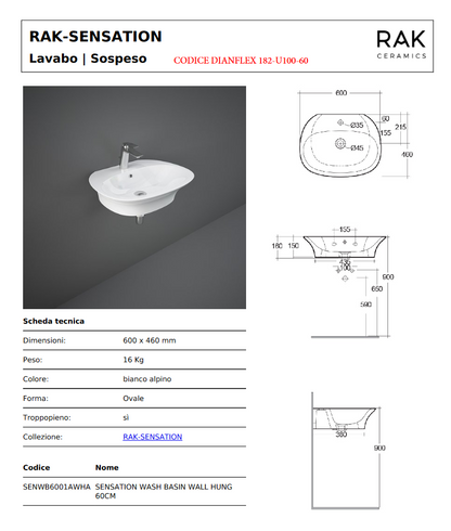 Lavabo monoforo L. 60 cm Rak Sensation