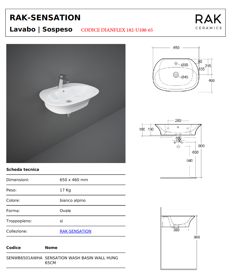 Lavabo monoforo L. 65 cm Rak Sensation