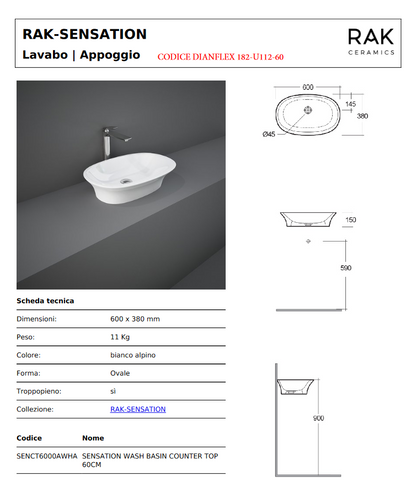 Lavabo da appoggio ovale L. 60 cm senza troppo pieno Rak Sensation