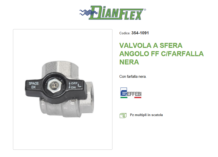 Valvola a sfera angolo FF C/farfalla nera 1/2" DN 15