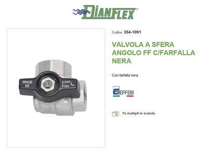 Valvola a sfera angolo FF C/farfalla nera 3/4'' DN 20
