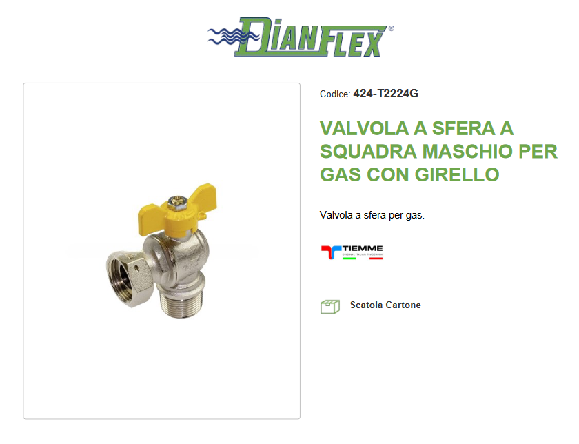 Valvola a sfera a squadra maschio per gas con girello 1/2''