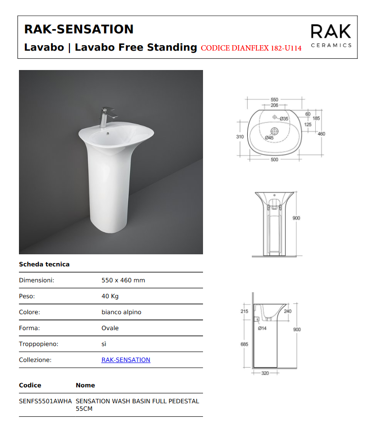 Lavabo autoportante C/foro per rubinetto Rak Sensation