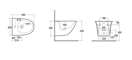 Bidet sospeso fissaggio nascosto cm 48 erogazione rubinetto Rak Sensation