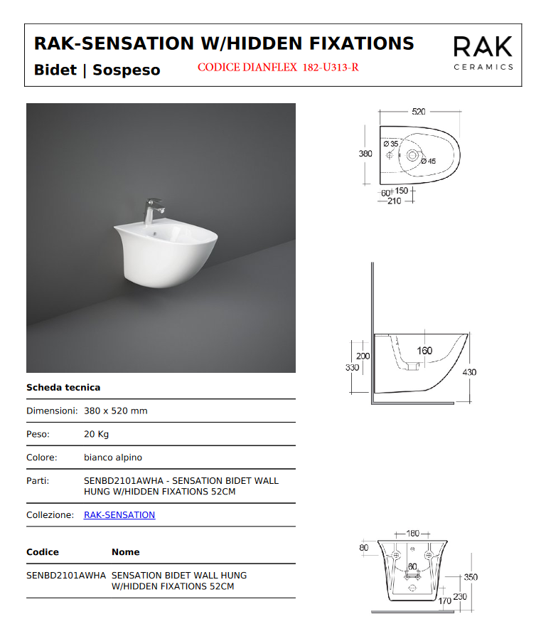 Bidet sospeso fissaggio nascosto cm. 52 erogazione rubinetto Rak Sensation