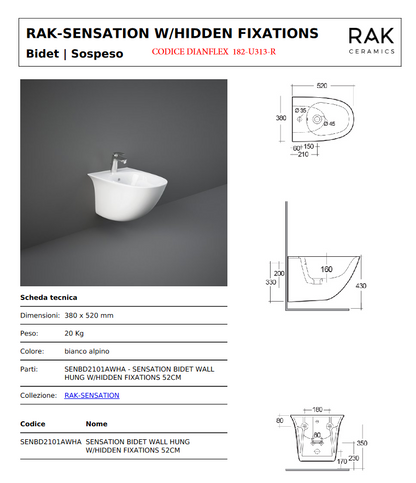 Bidet sospeso fissaggio nascosto cm. 52 erogazione rubinetto Rak Sensation