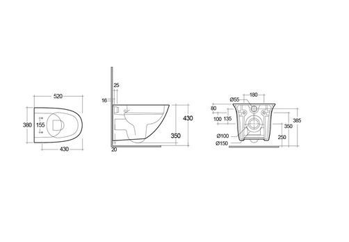 Vaso sospeso rimless fissaggio nascosto cm 52 con smalto antibatterico Protek Rak Sensation