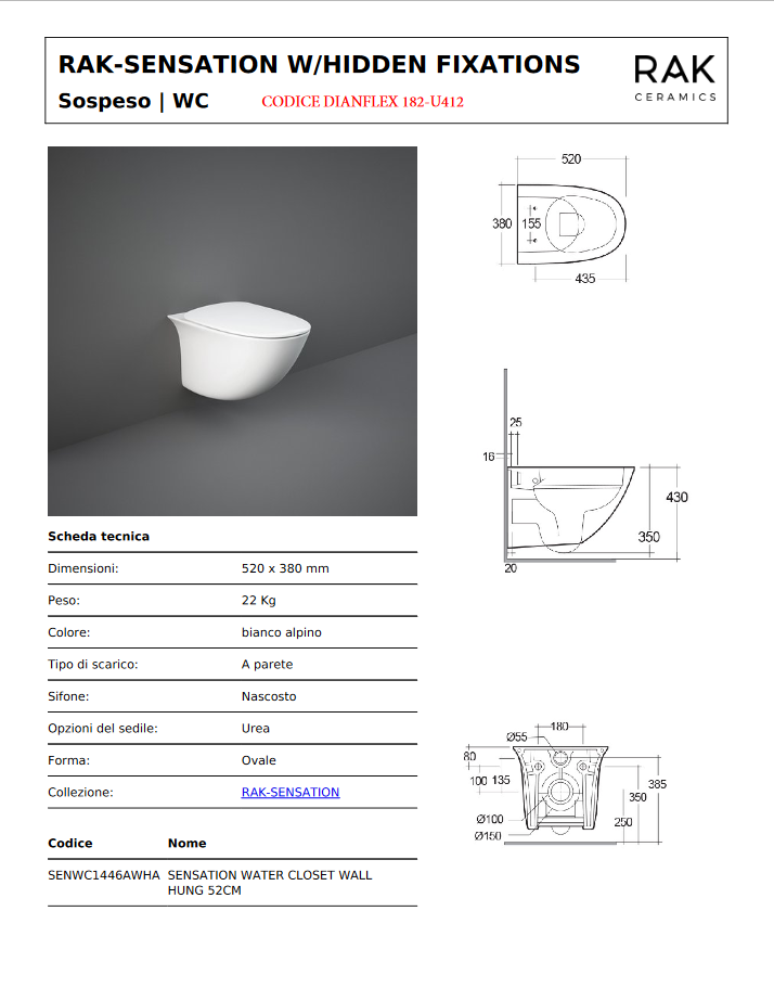 Vaso sospeso rimless fissaggio nascosto cm 52 con smalto antibatterico Protek Rak Sensation