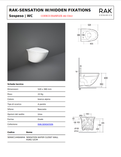 Vaso sospeso rimless fissaggio nascosto cm 52 con smalto antibatterico Protek Rak Sensation