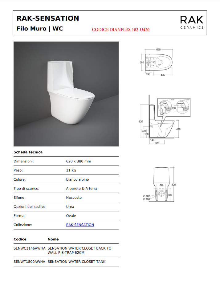 Vaso monoblocco filo muro Rak Sensation