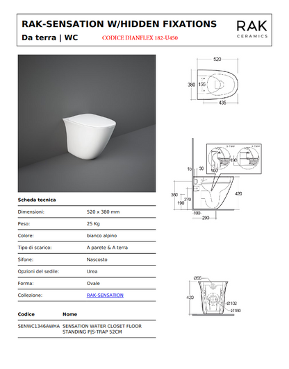 Vaso filo muro cm 52 rimless Rak Sensation